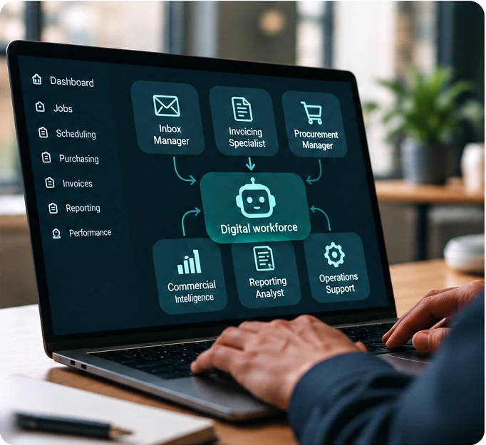 AI digital workforce dashboard for field service software showing automated inbox, invoicing, procurement, reporting and commercial intelligence workflows