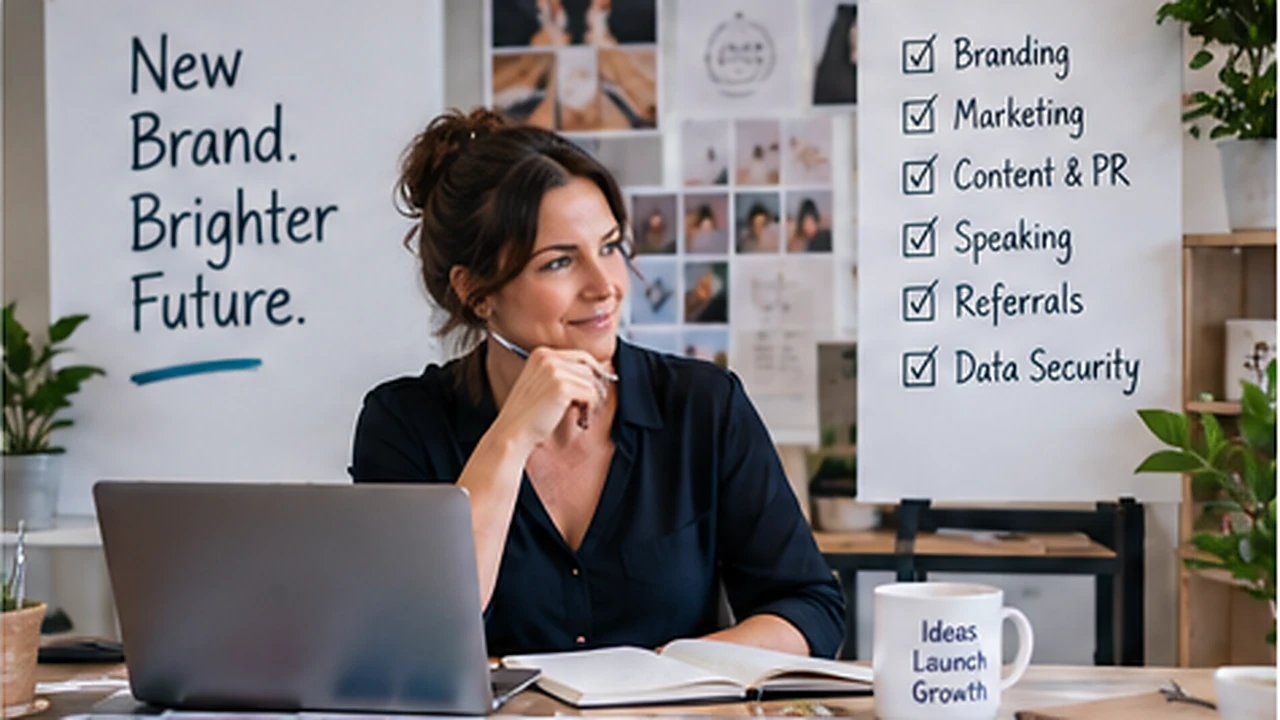Business owner planning a new brand launch across marketing, referrals, speaking and data security