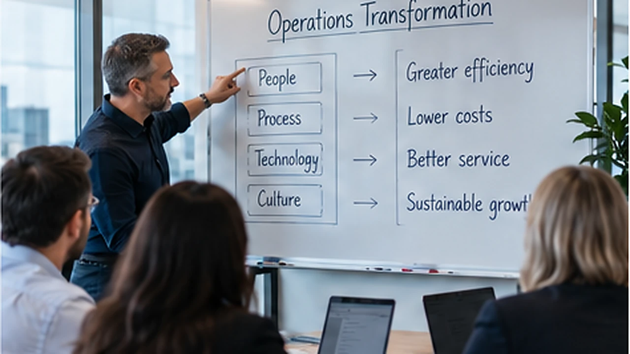 Leadership team reviewing an operations transformation plan covering people, process and technology
