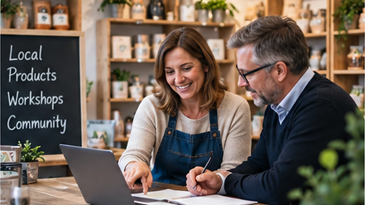 Retail business owner reviewing growth plans and financial figures with a specialist adviser