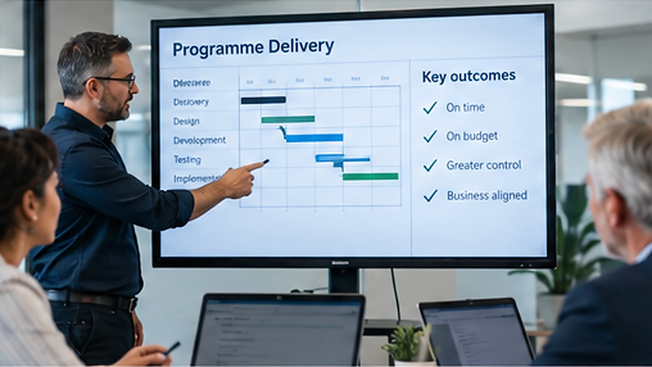 Programme leader reviewing a technology delivery roadmap and project portfolio with senior colleagues